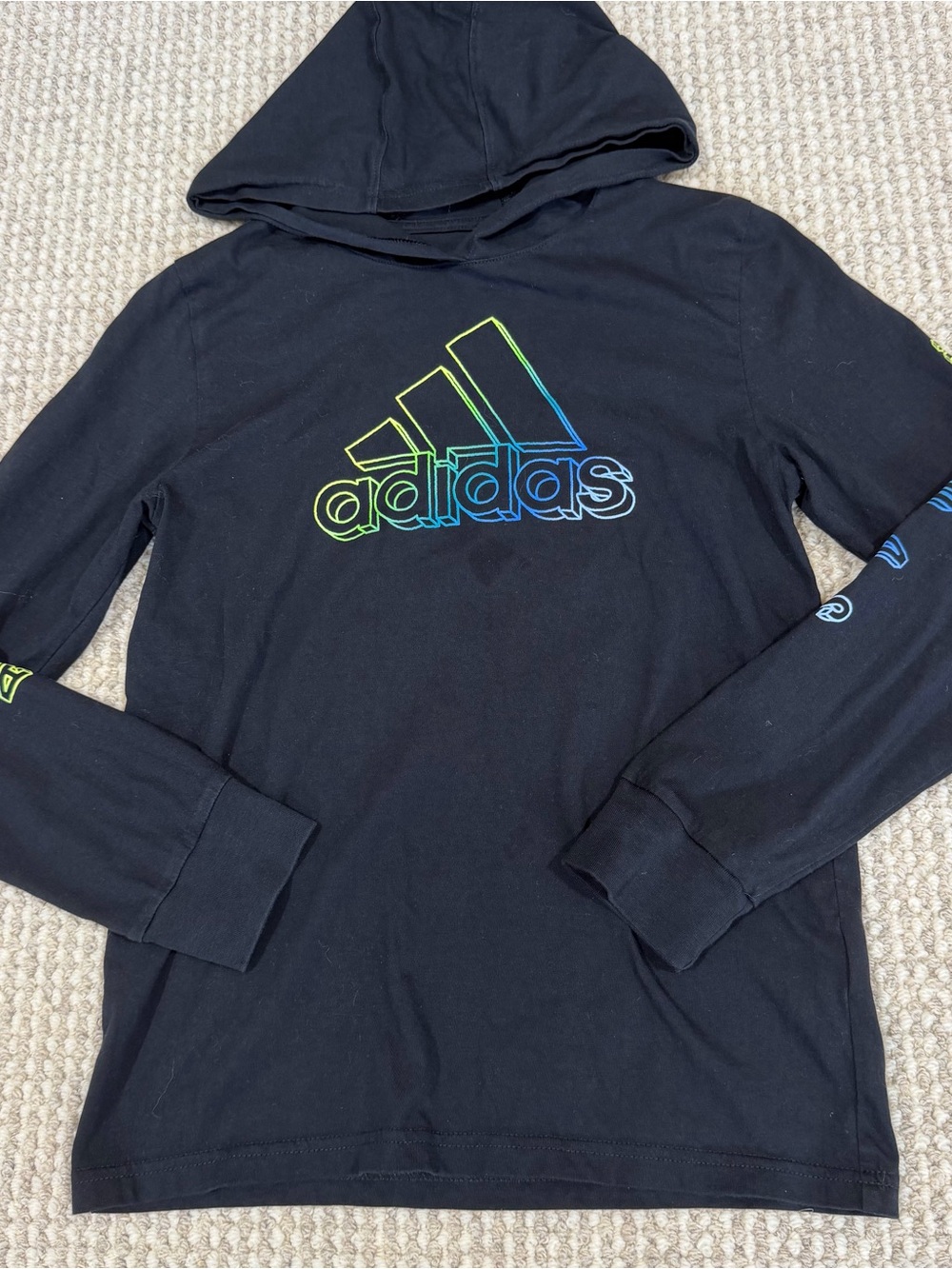 Adidas Black Hoodie Lightweight Rainbow Letters Girls Size Medium 10-12
